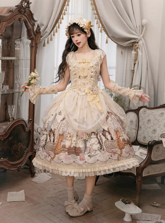 Beige Cat Print Lace Ruffles Sweet Lolita JSK Dress with Drawstring Overlay - NyaNya