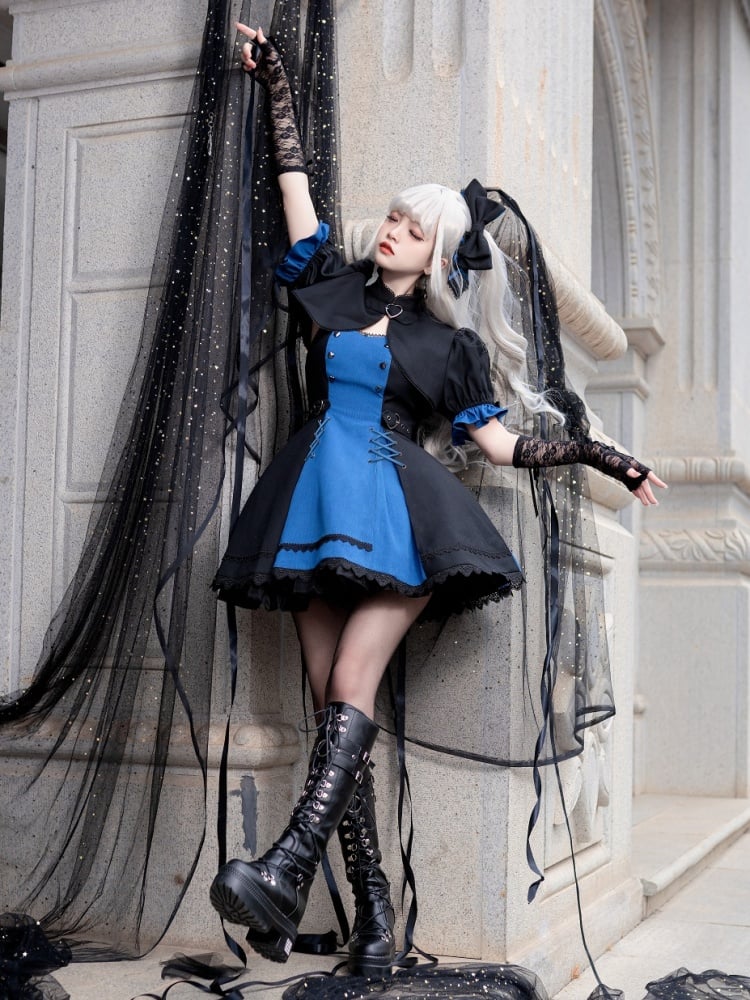 Schwarzes und dunkelblaues Punk Idol Lolita-Kleid Lolita Cropped Top Set