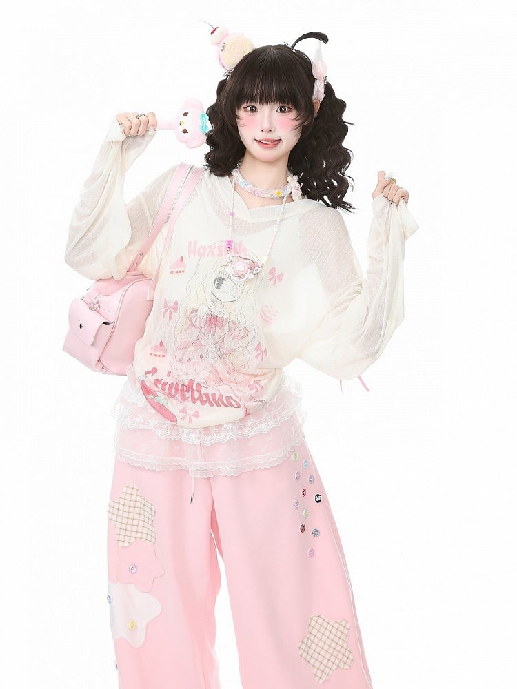 Apricot Long Sleeve Sun Top with Girl Print & Ribbon - Languid Park