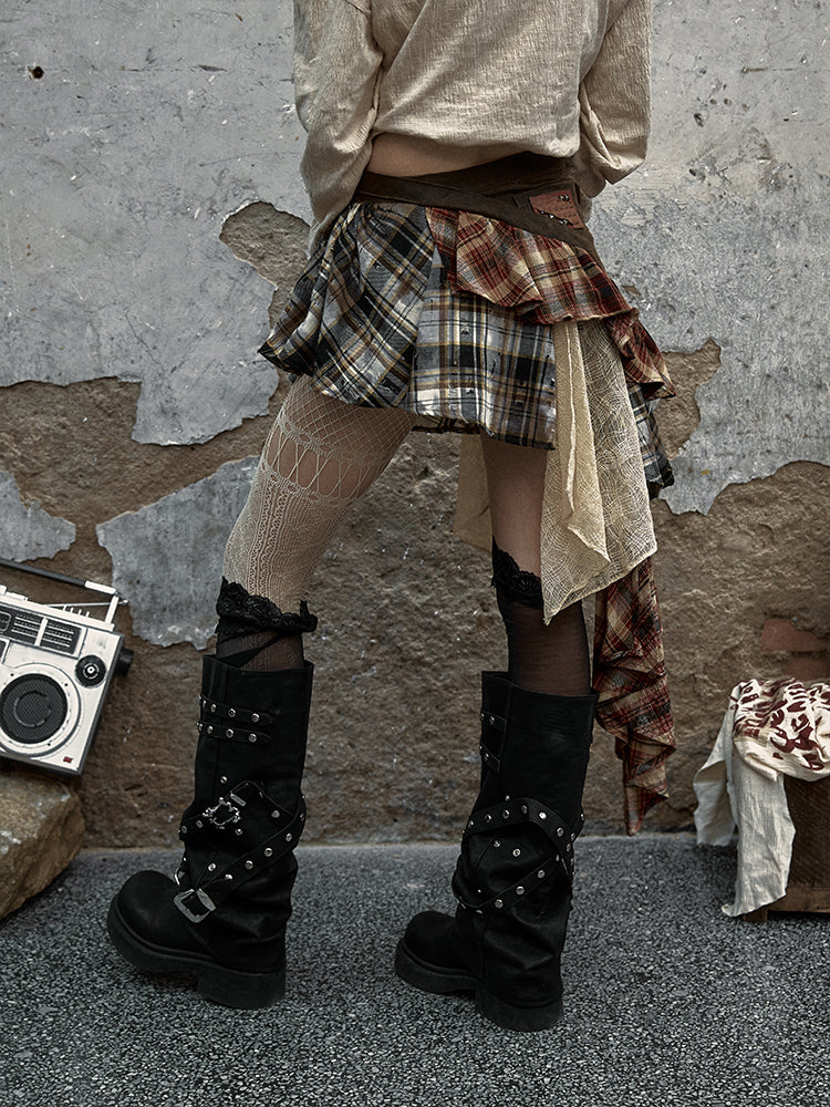 Patchwork Skirt Green with Studded Punk Belt Plaid Military Denim