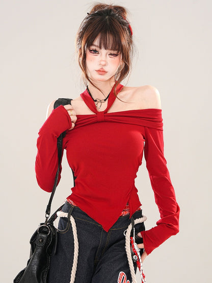 Black/Red Asymmetrical Slit Hem Halter Neck Top