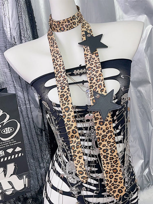 Leopard Y2K Braune Hals-Applikation Krawatte Sternmuster