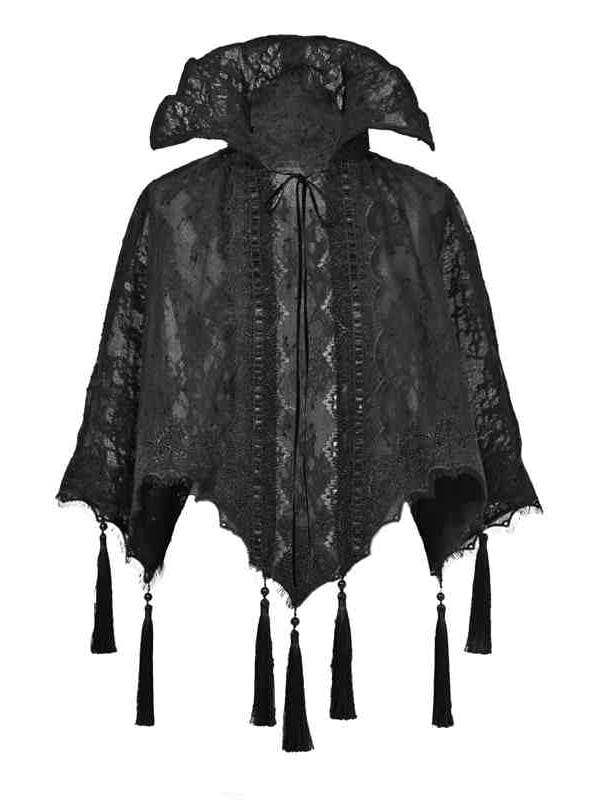Tassels Hem Stand Shawl Lace Goth Collar Vampire Cape Black