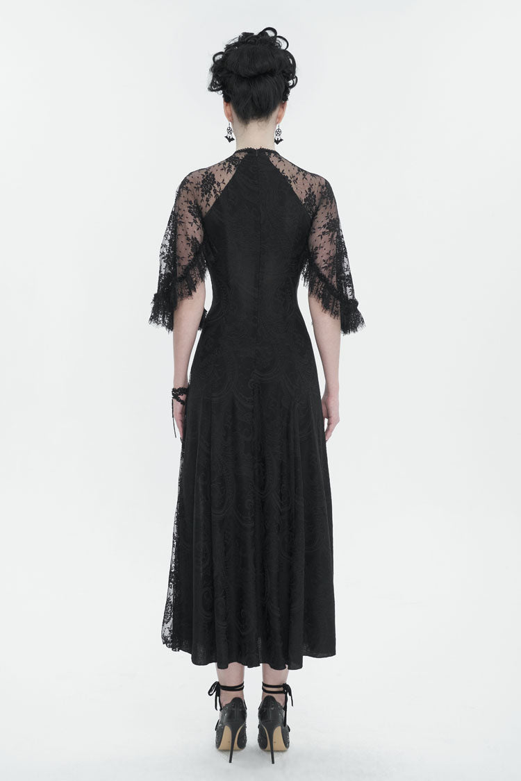 Black Stretch Printed Knit Panel Lace High Slit Asymmetric Gothic Dress