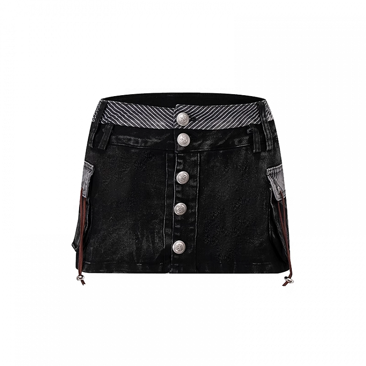 シルバートーンボタンのダメージ加工デザイン、ブラックのローカットミニデニムスカート