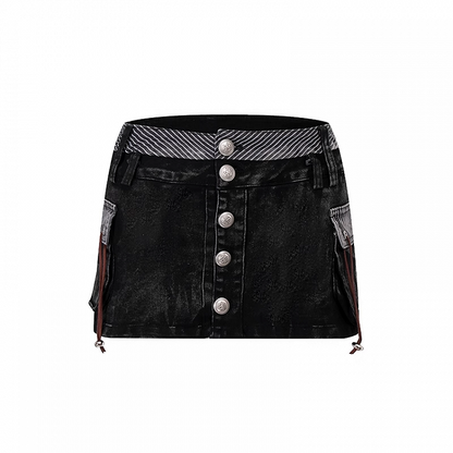 シルバートーンボタンのダメージ加工デザイン、ブラックのローカットミニデニムスカート