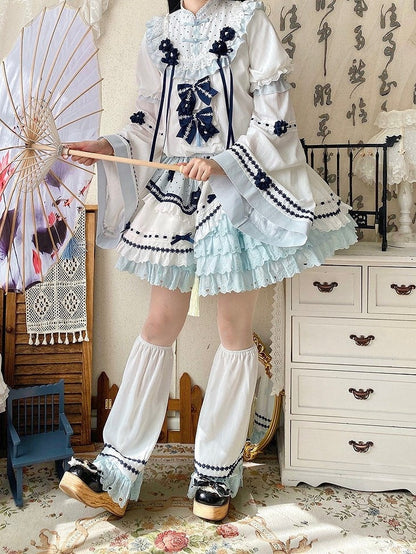 and White Banded Lolita Han Accents Blue Flower Collar Bow Dress with Puff Sleeves
