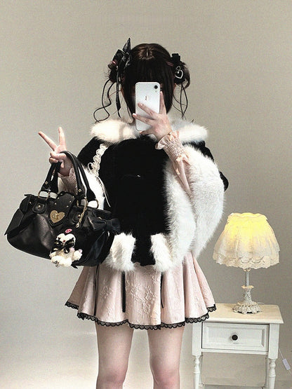 Decor Colors Design Bunny Faux Fur-Trimmed Drawstring Cape Ear with Kei Jirai Bow 3