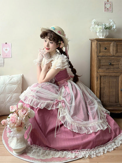 Elegant Bow Lolita Version with Dress Classic Details Lace and Long Pink Rose