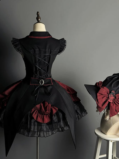 Hem Drawstring Lolita Halloween Gothic Boned and Black Pattern Waist Striped Red Dress