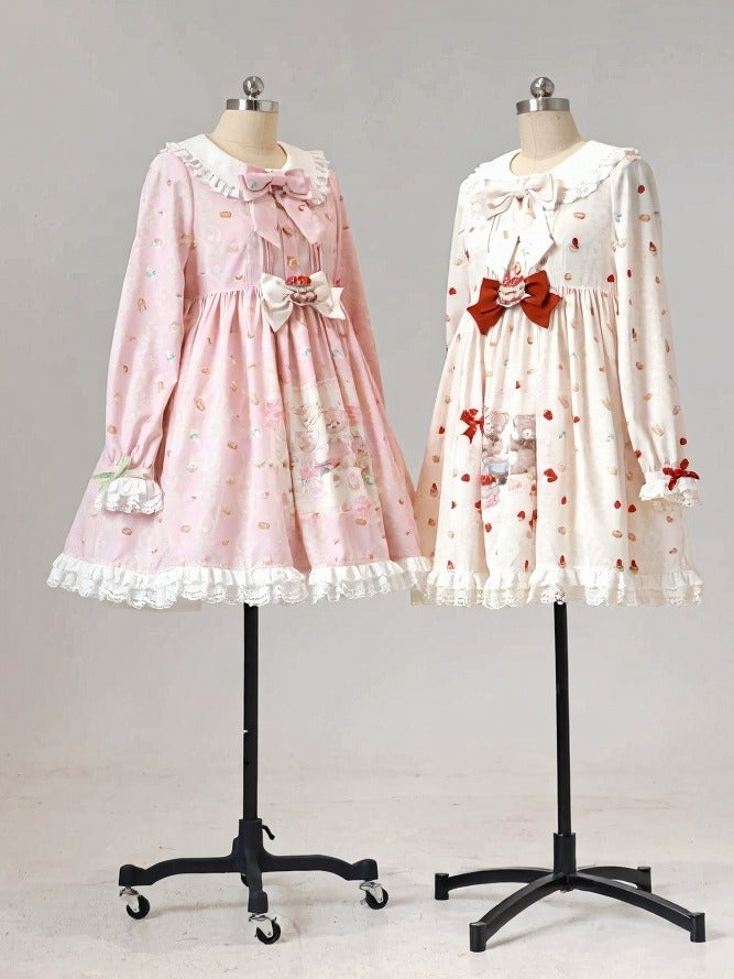 Pink Peter Pan Collar Bear & Cake Print Long-Sleeve OP Dress - Honey Village