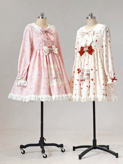 Pink Peter Pan Collar Bear & Cake Print Long-Sleeve OP Dress - Honey Village