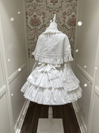 Snowfall-White Cotton JSK Dress with Ruffle and Bow Details