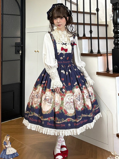 Wonderland Alice Floral Print Dark Blue Lolita JSK Lace - Stars Fall on the Foggy Island
