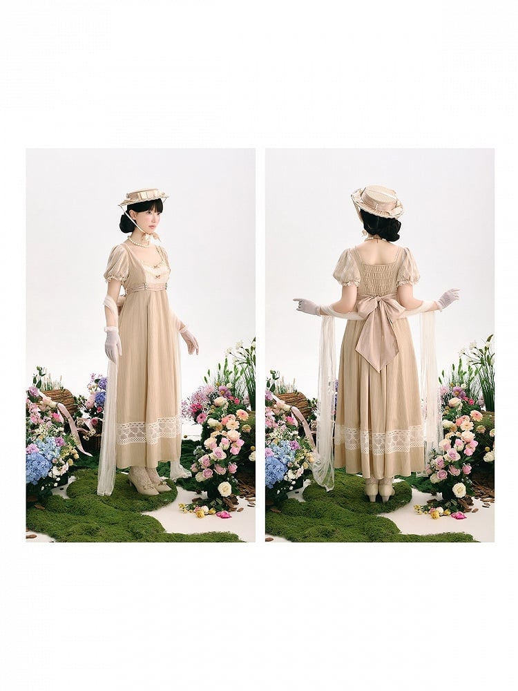 Champagne Elegant Short-Sleeved Empire Waist Lolita OP Gown with Lace Accents - KOMOMO