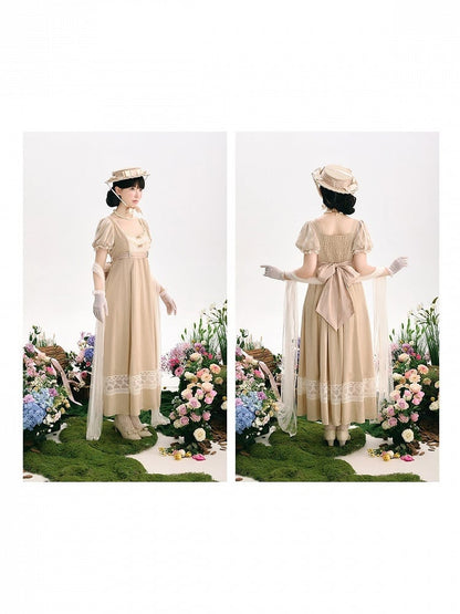Champagne Elegant Short-Sleeved Empire Waist Lolita OP Gown with Lace Accents - KOMOMO