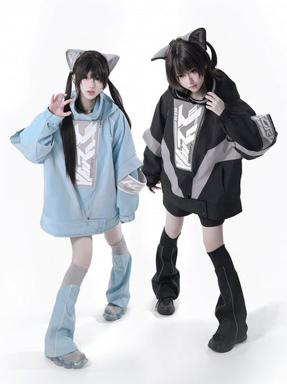 Kaiwai Cyberpunk Black - Two-Piece + Full Gray Leg Shorts Set Hair Clips Warmers Tenshi Techwear Cat Hooded Matching Jacket Ear