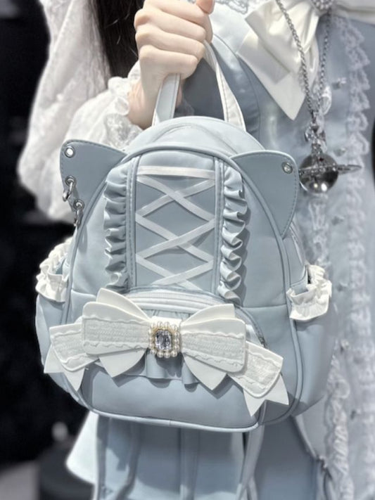Jirai Kei Blue Cat Ear Backpack With Beaded and Rhinestone Bow Light