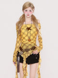 Yellow Plaid Off-Shoulder Long Sleeve Top with Star Accent and Cascading Ruffle Trim