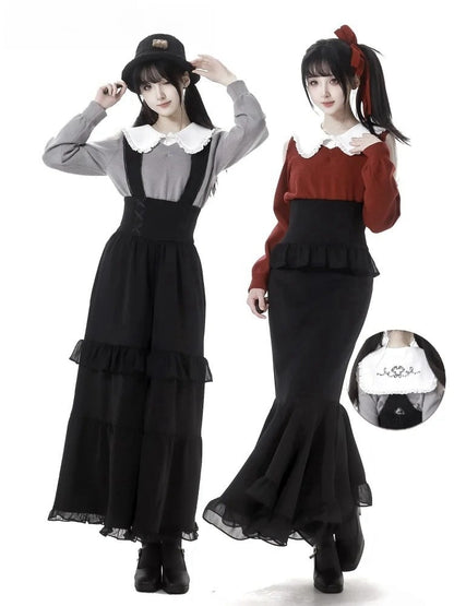 Black Lace Details Ruffle Trim Overall Pants