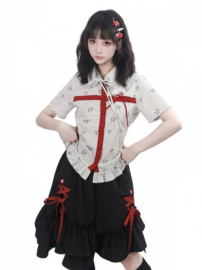 Asymmetric Ruffle Black Skirt with Polka Dot Lace Up - PINK SAVIOR