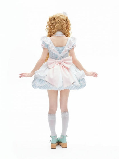 OP Stripe Full Train Bow Lolita Dress Brooch + Detachable Apron Bubble Decor Cake Puppy Skirt Blue Cute Set Sleeves with Hairband