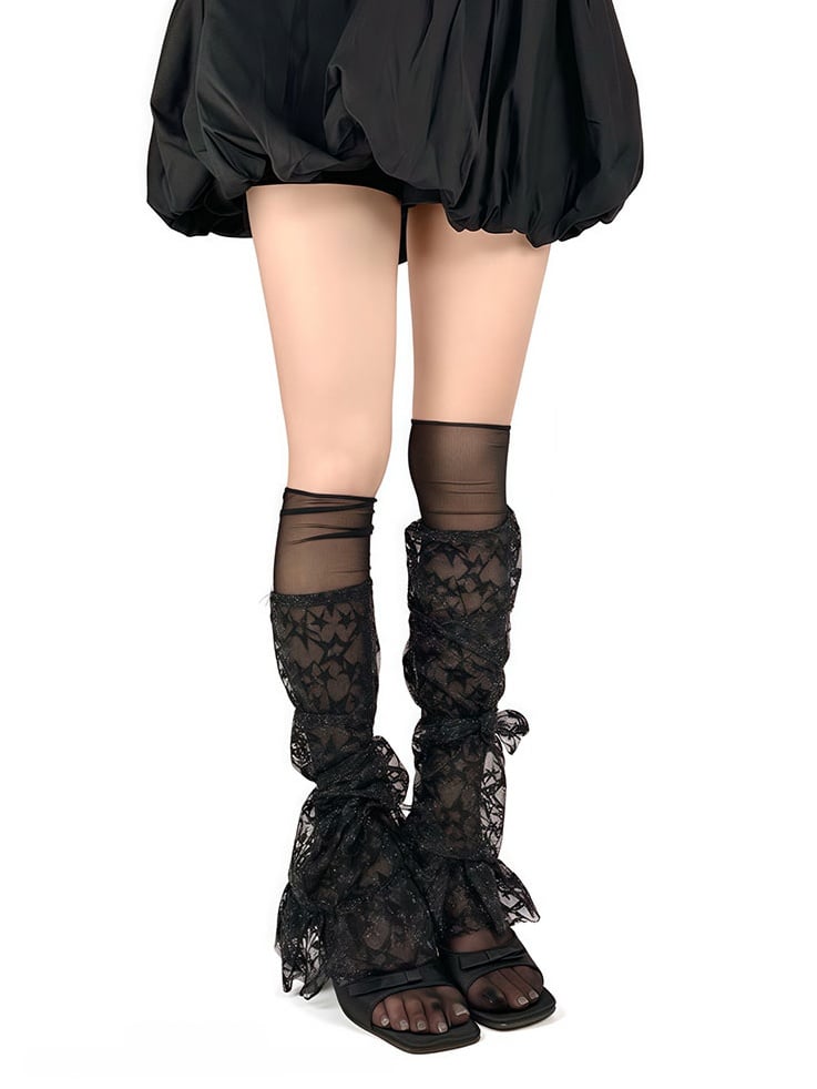 Pattern Trim Straps Leg Lace Flared Star White/Black/Apricot with Warmers