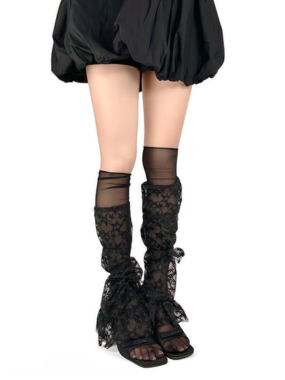 Pattern Trim Straps Leg Lace Flared Star White/Black/Apricot with Warmers