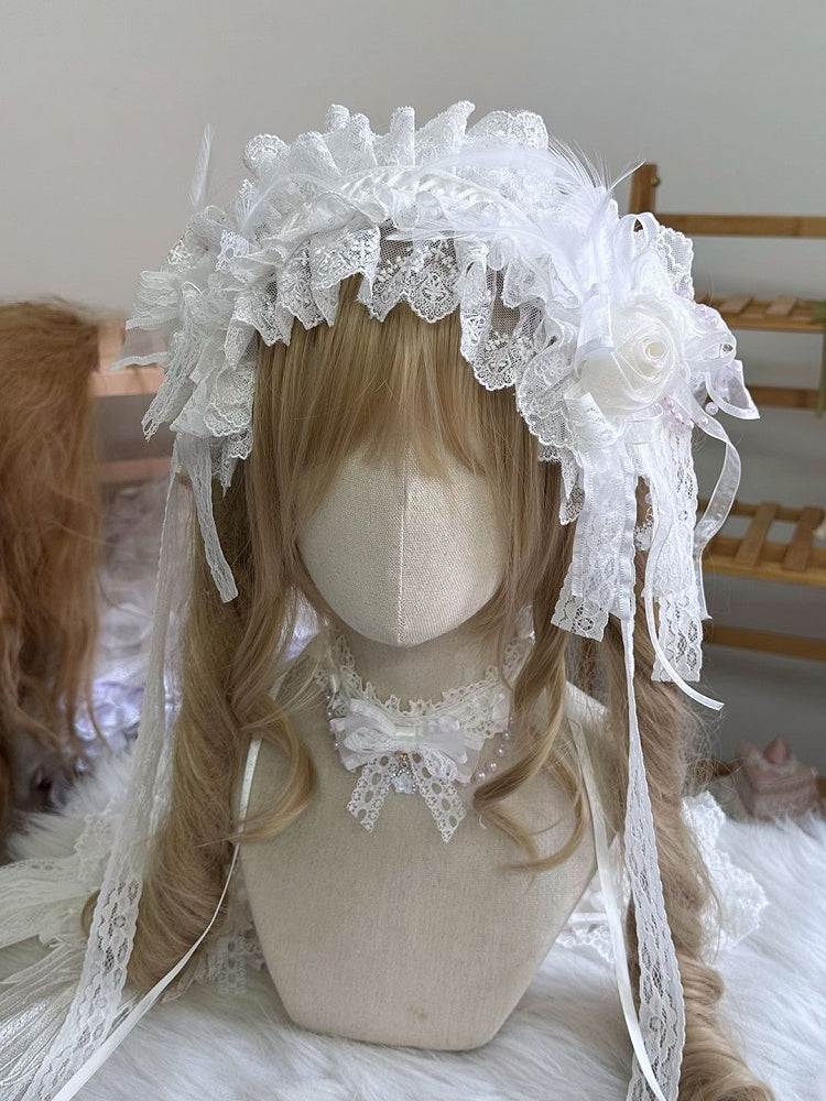 and Lace with Feather Embellished Hairband White/Black Ribbon
