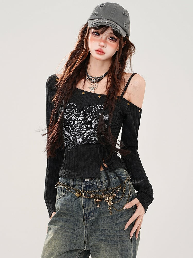 ブラック/グレー ドローストリングウエスト アシンメトリーネックライン グラフィックトップ