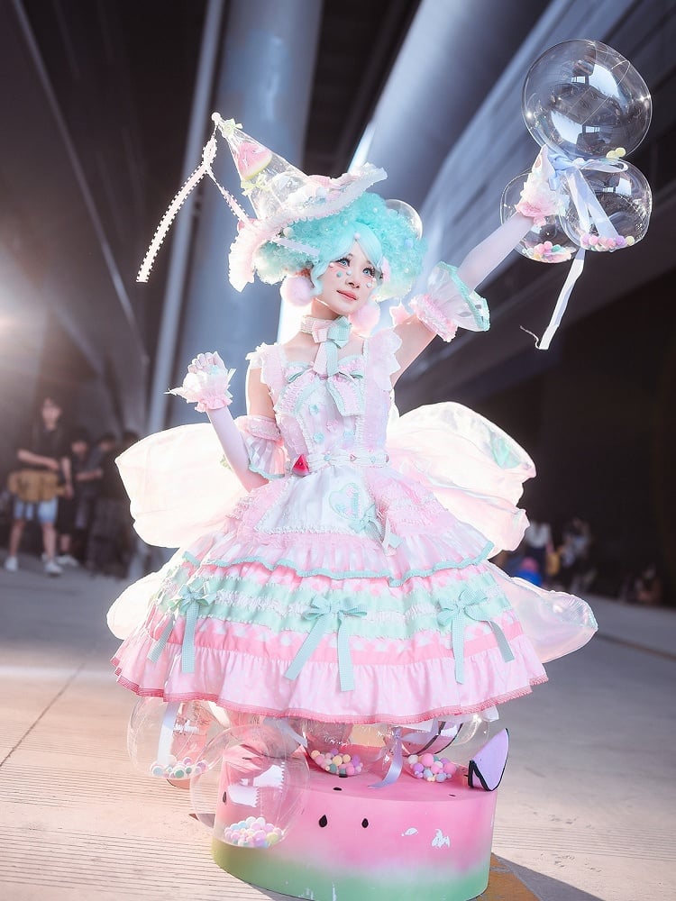 Full Watermelon and Tiered Sweet Pink Accents Skirt Lolita Set Cake Bow Green JSK