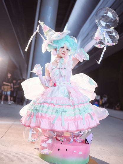 Full Watermelon and Tiered Sweet Pink Accents Skirt Lolita Set Cake Bow Green JSK