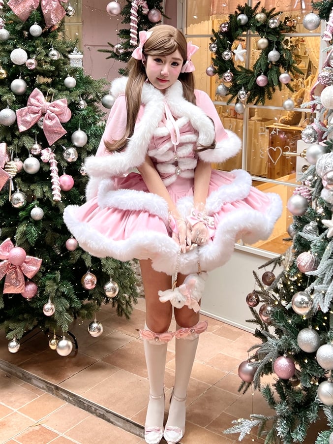 Pink Winter Snowflake Bows Accents Strapless Dress with White Plush Trimming