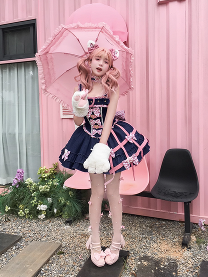 Cat Paw Applique Pink Plaid Choker with Big Bow Back