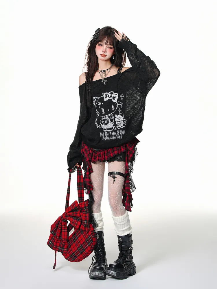Y2K Asymmetrical White/Black Skirt Hem Black Red