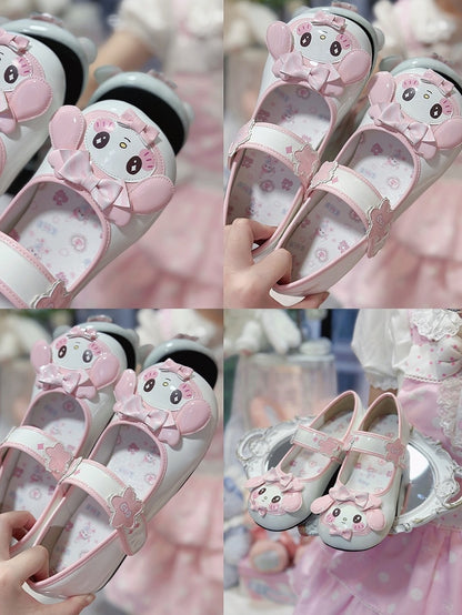 Lolita Bow Decor Toe Round - Flower Mary Accents Janes Sweet with Bunny Velcro Pink Theme