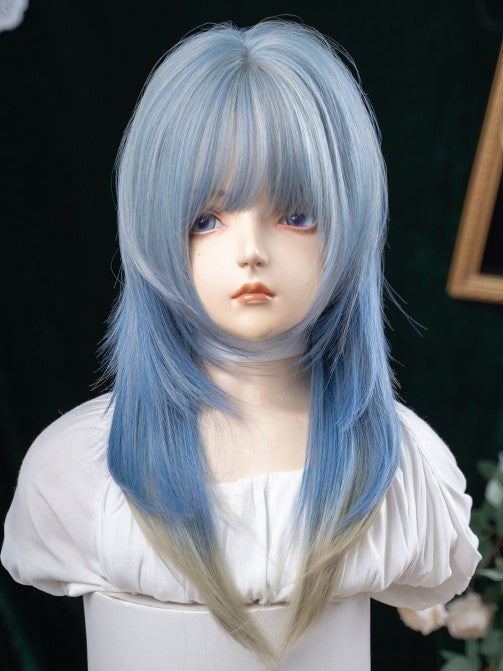 With Ombre 65CM Bangs Cut Blue Color Length Air Wig Hime Hair Straight
