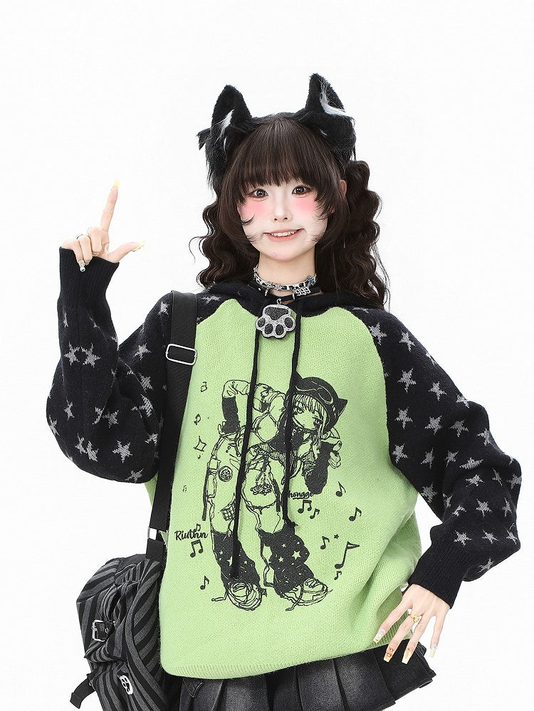 Orange Cartoon Kawaii - Pattern Pink/Green Sweater Girl and Star Drawstring Daily Hood