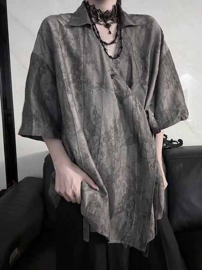 Shirt Plum Short Style Blossom Cheongsam Self-tie Print Belt Sleeve with
