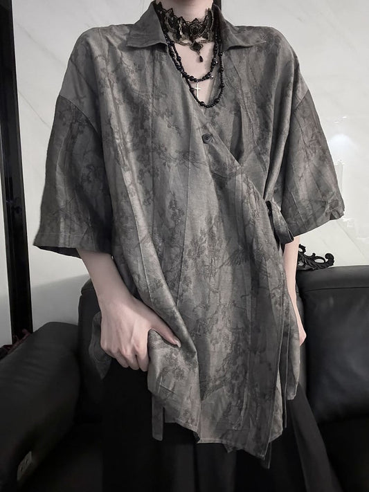 Shirt Plum Short Style Blossom Cheongsam Self-tie Print Belt Sleeve with