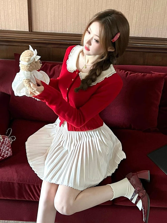 Red Knit Peter Pan Collar Cardigan with Lace - Qchiwawameme