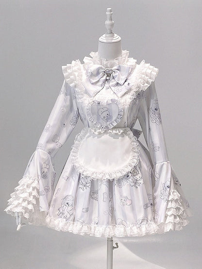 Jirai Kei Light Blue Printed Maid Ensemble - Tiered Bell Sleeve Dress with Detachable Apron & Matching Shorts