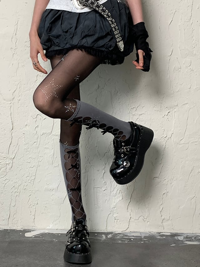 Details Gray Bowknot Y2K Underknee Stockings Design Cut-out
