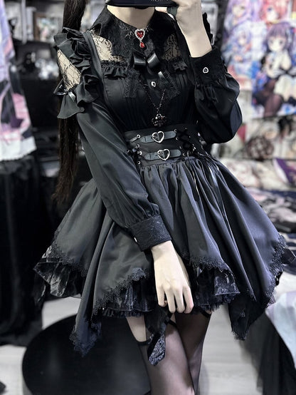 自来也景 ブラックバットウィング型襟レースパッチ地雷風シャツ