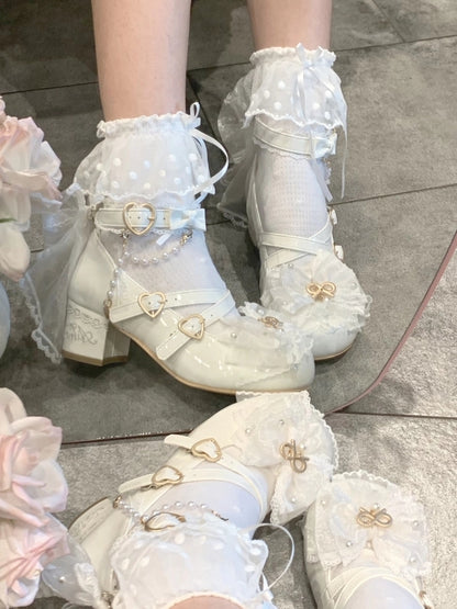 Hime Straps White Lolita PU Shoes Crossed Mid-heel with