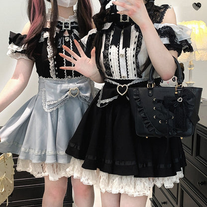 Jirai Kei Black/White/Red/Light Buttons Blue Open Shoulder Sweetheart Lace Trim Blouse