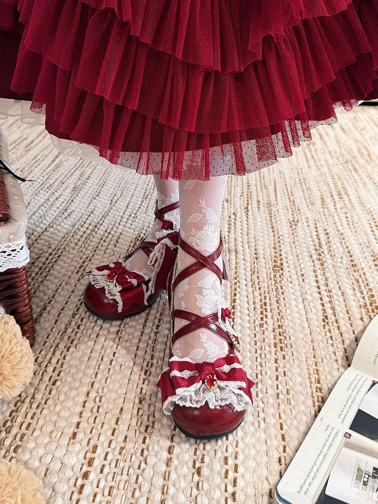 Süße Riemen Kreuzschnalle Rot 2CM/5CM Block Lolita Details Design Schuhe Herz Heels Bowknot