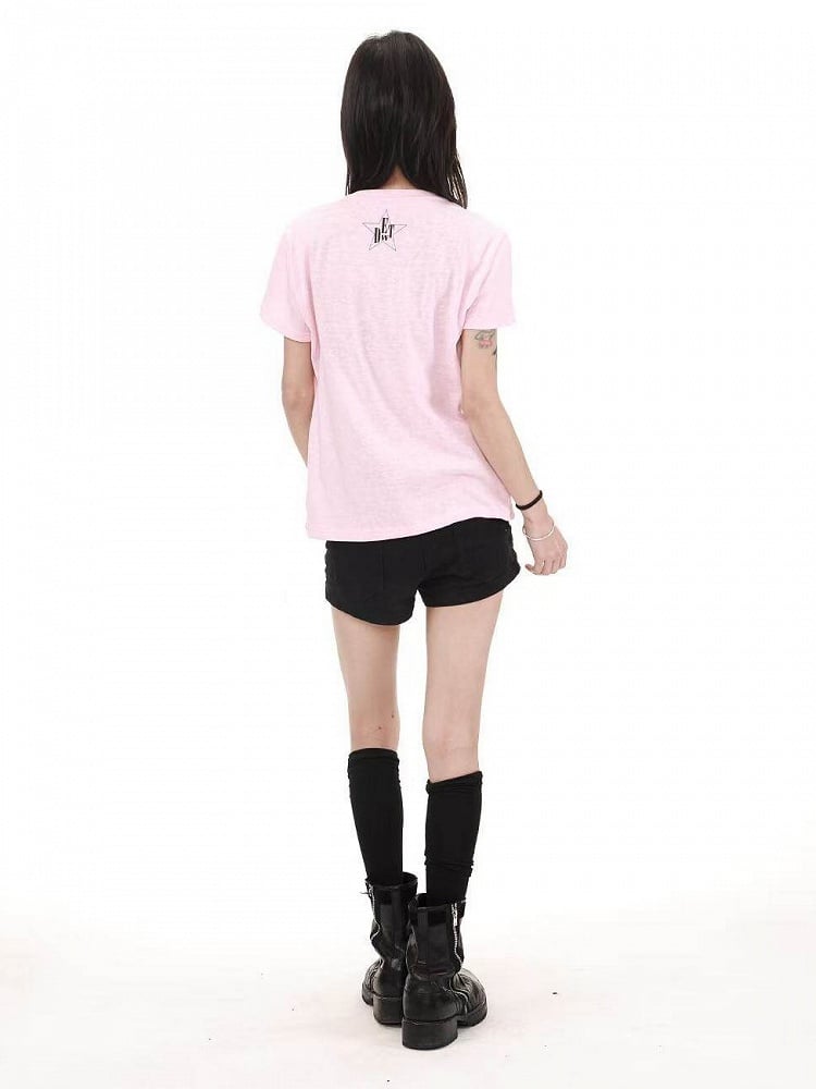Pink Round Neck T-Shirt with Letter Print - DETW OnLine