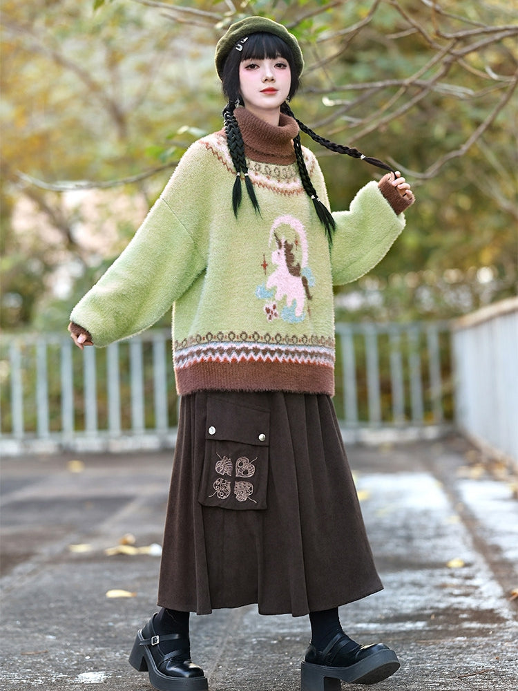 Green Jacquard Unicorn High-neck Sweater Isle Fair