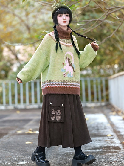 Green Jacquard Unicorn High-neck Sweater Isle Fair